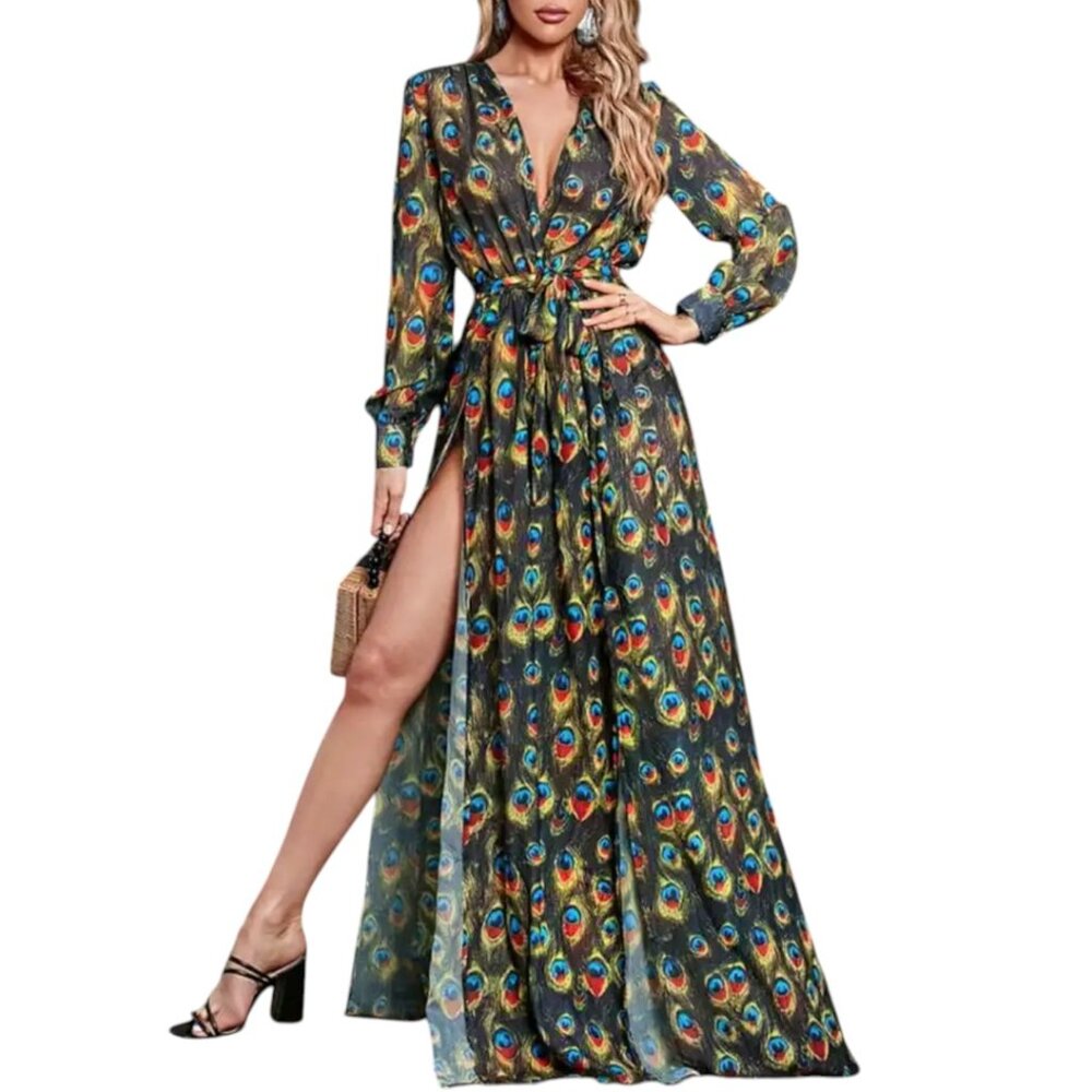 MISS ORD PEACOCK PRINT WRAP MAXI DRESS GLAM DRESSY ELEGANT BODYCON NWT S